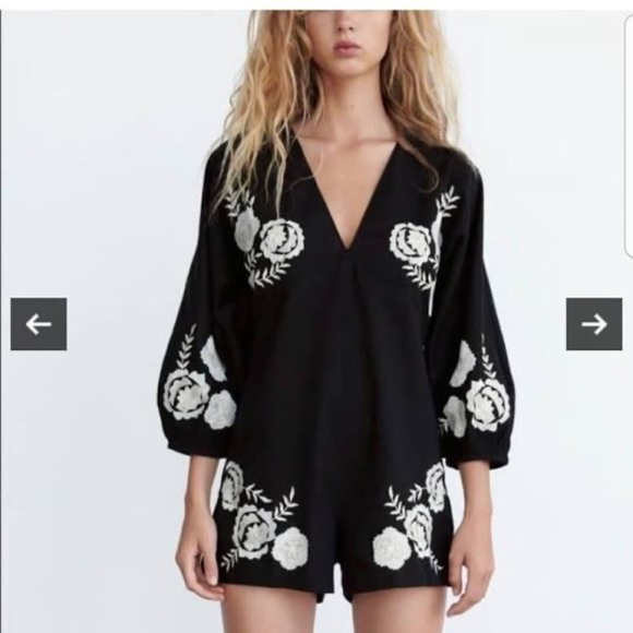 Zara Pants - ZARA Embroidered Black Linen Blend Romper Boho Festival Size M